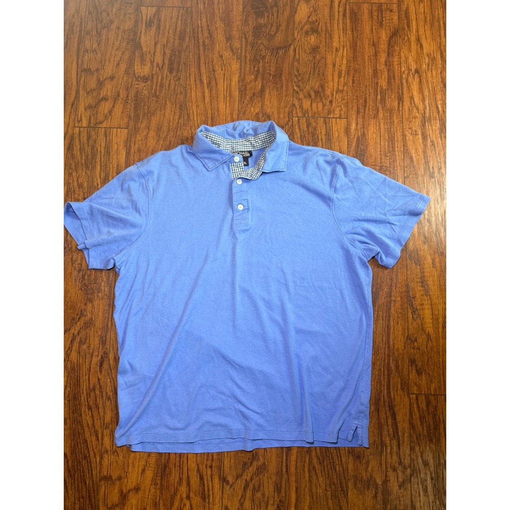 Michael Kors Mens Large Polo Shirt Blue Gingham Trim Short Sleeve Cotton Blend